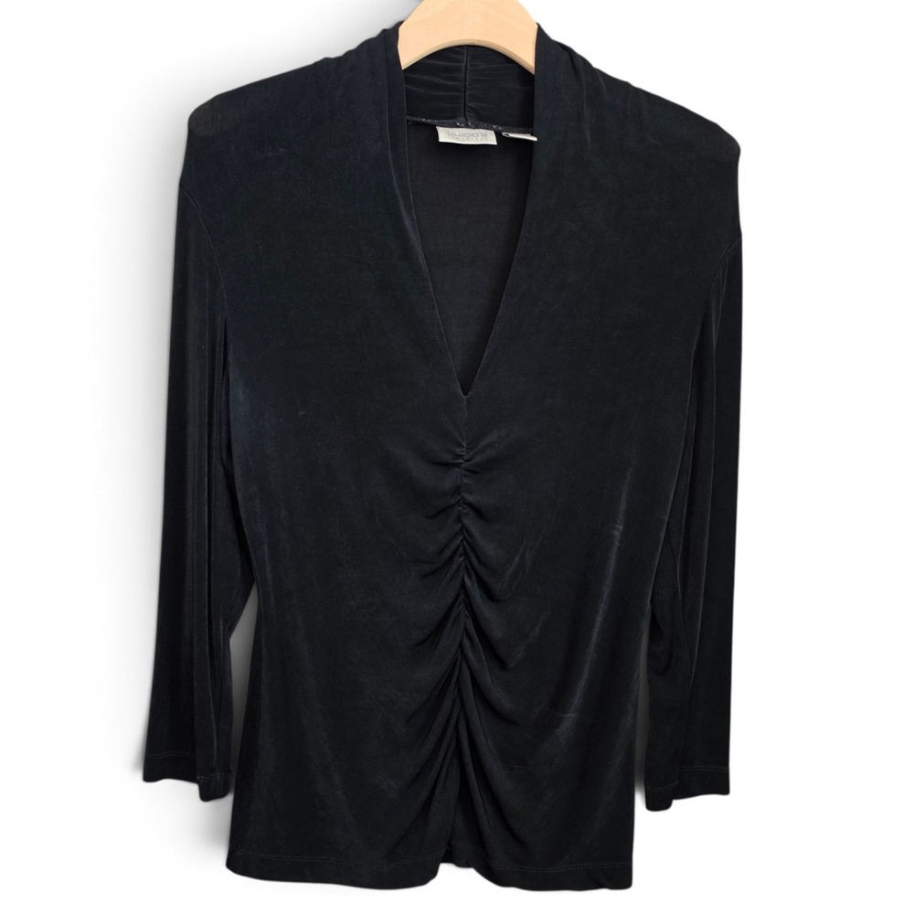 Chicos Travelers Womens Top Size 1 Medium Black Slinky Ruched V Neck 3/4 Sleeve